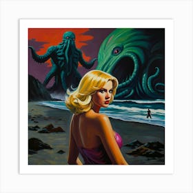 Retro Pop Art Beach with Cthulhu Art Print