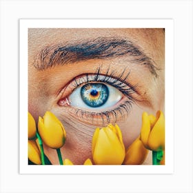 Eye Of A Woman With Yellow Tulips Art Print