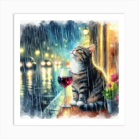 Cat Drinking Wine In The Rain 10 Art Print