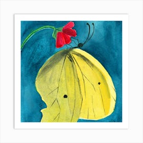 Yellow Butterfly - square watercolor yellow teal red Art Print