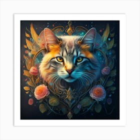 Cat With Roses Art Print