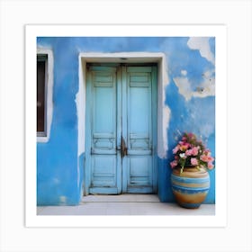 Blue wall. An old-style door in the middle, silver in color. There is a large pottery jar next to the door. There are flowers in the jar Spring oil colors. Wall painting.15 Art Print