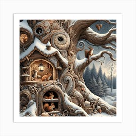 Squirrel's Winter Life Inspired by William Morris Art Print