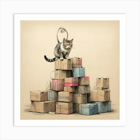 Cat On A Stack Of Boxes Art Print