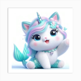 Fluffy 3D image of mermaid caticorn 10 Art Print