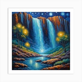 Lunar Cascade: A Starlit Waterfall Odyssey Art Print