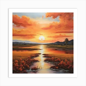 Sunset Over The River \ Acrylic colours Art Print