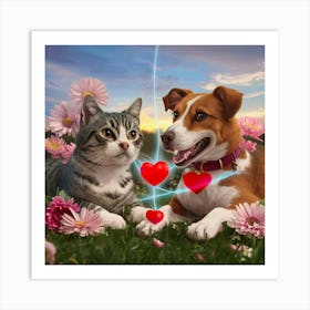 Cat And Dog With Hearts Art Print