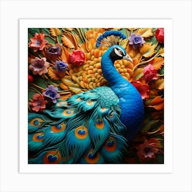 Peacock With Flowers Art Print