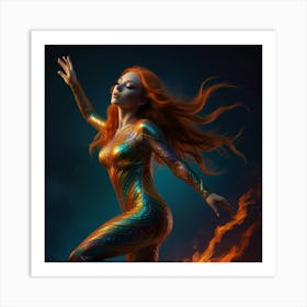 A Phoenix-style female mermaid suspended in space with her hands coming forward casting a spell with a dynamic and expressive hand pose, her face is serious, her long braided fire-red hair reflects psychedelic rainbow flames and her eyes are glowing neon orange with energy smoke coming from the sides, her bodysuit and boots are full gold chrome with her body in a defensive dynamic flying pose, psychedelic black light colors, hyper-realistic, Full body shot zoomed out xxc Art Print