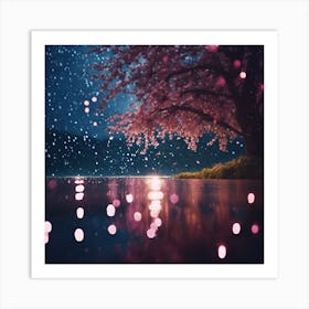 Lights on Cherry Blossom Lake at Midnight Art Print