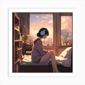 Anime Girl Listening To Music Art Print