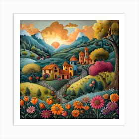 Village In The Countryside, Naive, Whimsical, Folk Art Print