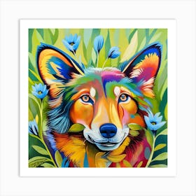Animals Wall Art : Wolf With Blue Flowers Art Print