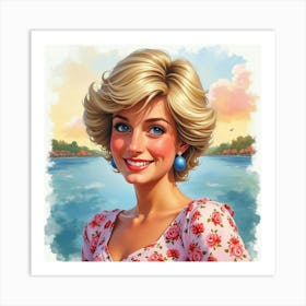 Smiling Princess Diana, Watercolor Swirls And Colorful Scenery 1 Art Print