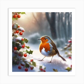 Robin, Holly and Berries Art Print