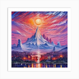 Snow-capped mountain at sunset Art Print