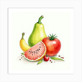 Artistic Watercolor Rendering Of Fruits And Vegetables In A Charming Display 1 Art Print