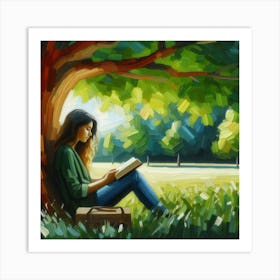 Girl Reading A Book Under A Tree, Acrylic Painting Style Art Print