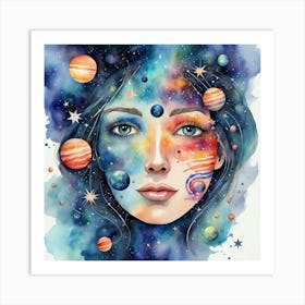 Watercolor Of A Girl With Planets 2 Art Print