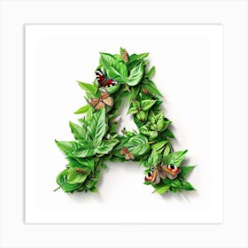 Letter A Made Of Leaves And Butterflies Art Print