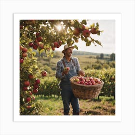 Farmer Picking Apples In The Orchard Art Print