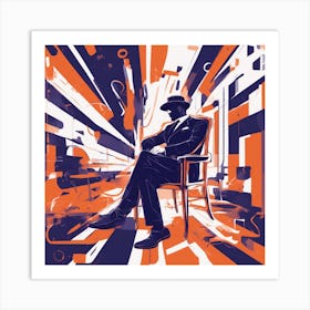 Drew Illustration Of Man On Chair In Bright Colors, Vector Ilustracije, In The Style Of Dark Navy An Art Print