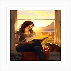 Comic book lifestyle scene, Girl Reading A Book Art Print