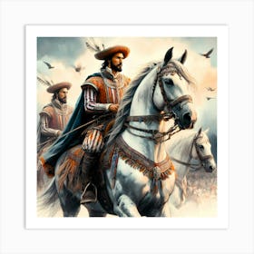 Medival Portugese Gentlemen Voyagers On Horses Color Drawing Art Print