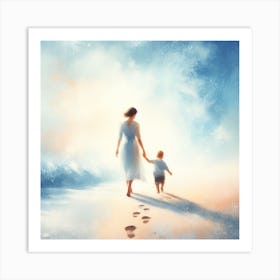 Mother And Child Walking On The Beach Art Print