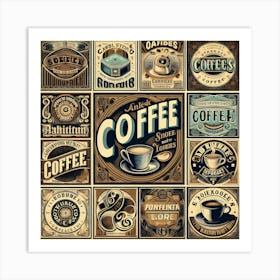 Vintage Collage Featuring A Clock, Book, And Tea Cup Against A Coffee Corner Wallpaper Background Art Print