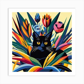 Black Cat In Flowers 1 Art Print