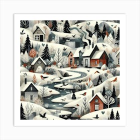 Winter Village, Snowy Trees And River Art Print