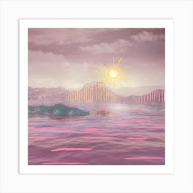 Pink Mountains With Colorful Stripes Square Art Print