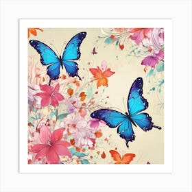 Blue Butterflies With Flowers Art Print