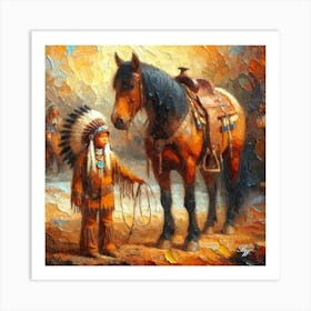 Young Native American Youth With Horse Oil Texture Art Print