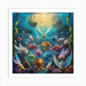 A Vibrant Whimsical Underwater Scene Featuring Different Sea Life Art Print