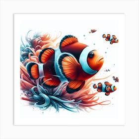 Sea Clownfish In Motion, Sea Clownfish Watercolour Art Print 1 Art Print