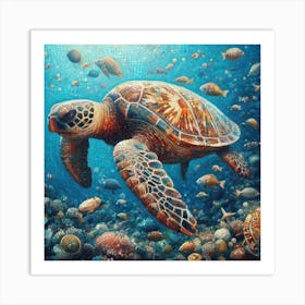 Happy Sea Turtle Mosaic Art Print