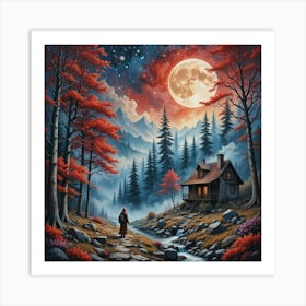 Moonlight Cabin Art Print