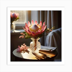 A Image Of A Protea Flower In A Vase On A Pedestal 1 Art Print