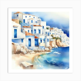 Watercolor Of Greek Village.Summer on a Greek island. Sea. Sand beach. White houses. Blue roofs. The beauty of the place. Watercolor. 1 Art Print