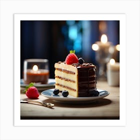 Chocolate Cake With Berries And Candles Art Print