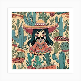 Mexican Girl With Cactus 1 Art Print