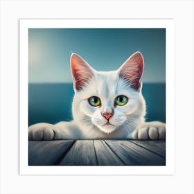 White Cat With Green Eyes Art Print