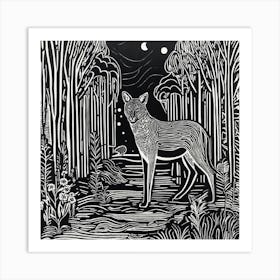 Abstract Wolf In The Woods Linocut Illustration Art Print