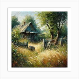 Old House And Broken Fence In The Countryside, Acrylic Painting Style Art Print