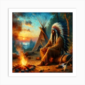 Oil Texture Native American Indian By A Campfire Copy Art Print