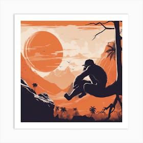 A Silhouette Of A Ape Wearing A Black Hat And Laying On Her Back On A Orange Screen, In The Style Of (3) Art Print