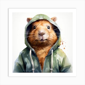 Watercolour Cartoon Capybara In A Hoodie Art Print